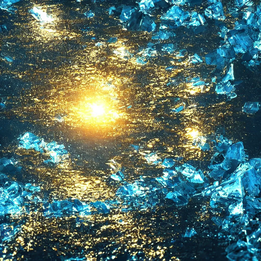 Image similar to water turning into crystal, art station, volumetric lighting, beautiful, golden hour, sharp focus, ultra detailed, concept art