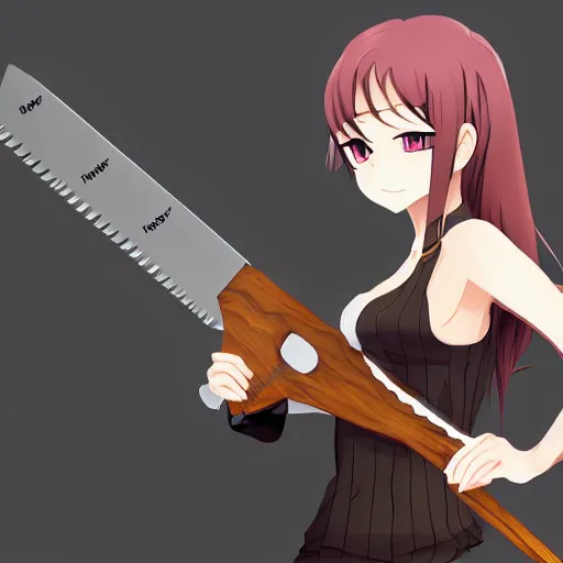 Prompt: anime girl holding a saw, action pose, highly detailed beautiful, pixiv