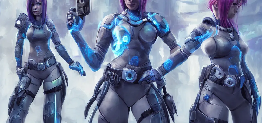 Prompt: character sheet concept art of female video game characters, cortana, renaissance, futurepunk, bright, parkour, rebel, realistic, hyperrealistic, photographic, costume, by marc brunet and artgerm