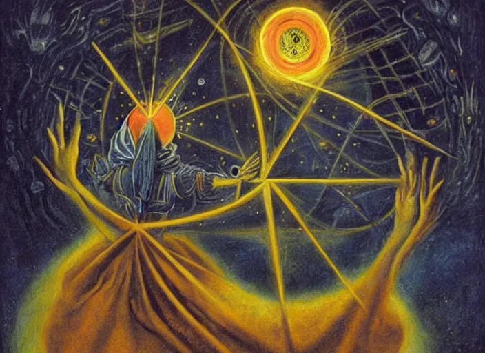 Prompt: a shaman! woman holding up the cosmic universe, by remedios varo, reflection, symbolist, cold colors, dramatic lighting, smooth, sharp focus, extremely detailed, aesthetically pleasing composition