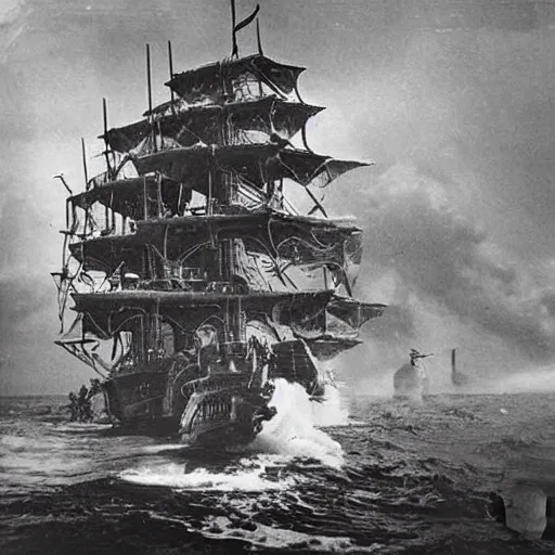 Image similar to an impossibly huge pirate ship, being attacked by a kraken, giant tentacles. 1930s photograph