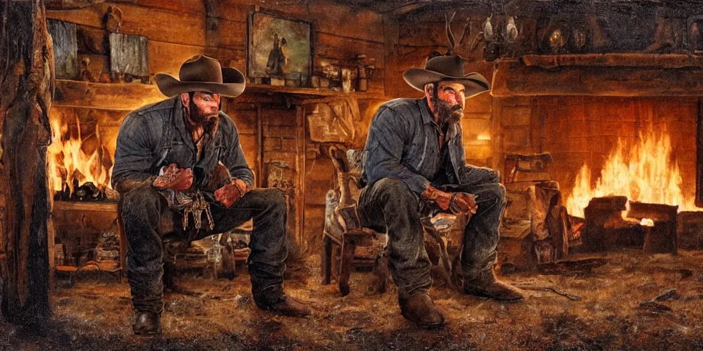 Prompt: in an old west cabin, close up shot a rugged, Dave Bautista cowboy standing ((alone)) and Mila Jovovich (((alone))) at the fireplace, in the style of Fredrick Remington, oil painting