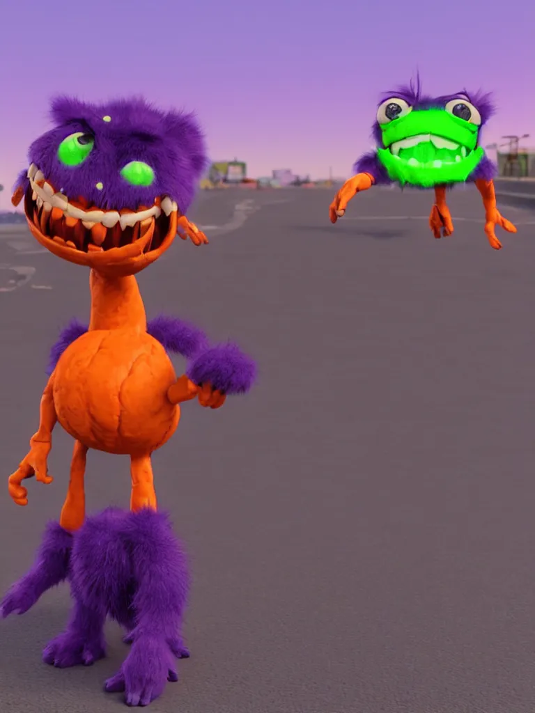 Prompt: smiling colorful furry purple monster toy with orange gloved hands on its arms and orange boots on its feet and two big round eyes walking down a city street at dusk, 3D model unreal engine highly detailed rendered in pixar renderman