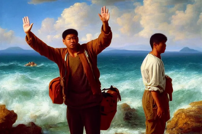 Image similar to ( ( a beautiful 8 k photorealistic masterpiece oil painting ) ( of ( man who is leaving the mainland to go to a new island, waving to the mainlanders ) ( the inhabitants of the new island look at the man, serious in the background, on their island ) ) ( hyperrealism ) ( 1 6 k ) ( trending on artstation )