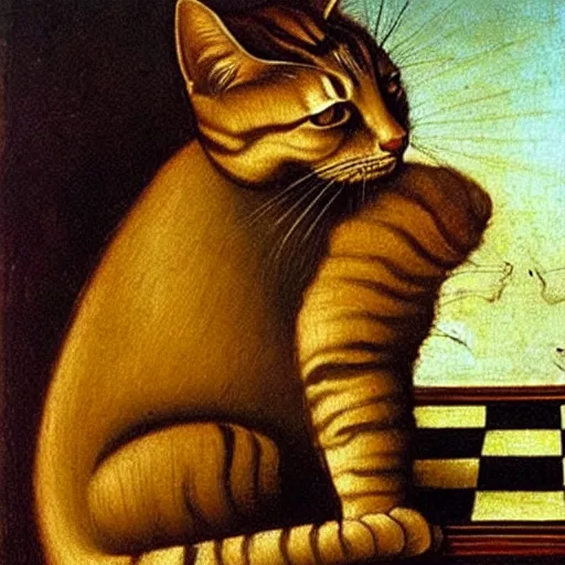 Prompt: a cat playing chess looking wise, Leonardo da Vinci oil painting