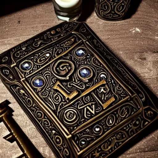 Image similar to a large ornate key with gems and engraved runes, next to a candle on a rough wooden dungeon table, very dark, candlelig, d & d, photo