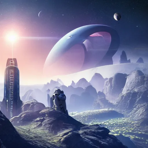 Prompt: a huge sci - fi city with a robotic man standing portrait in front of the image on a mountain, 4 k photorealistic, 8 k, nasa, space, stars
