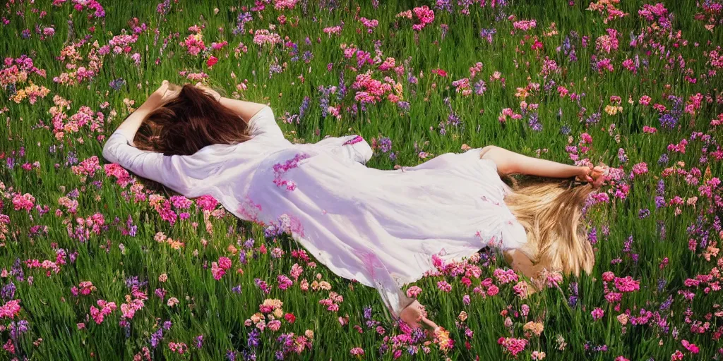 Image similar to a girl laying in a field of flowers reading a book, greg rutkowski, zabrocki, karlkka, jayison devadas, trending on artstation, 8 k, ultra wide angle, zenith view, pincushion lens effect