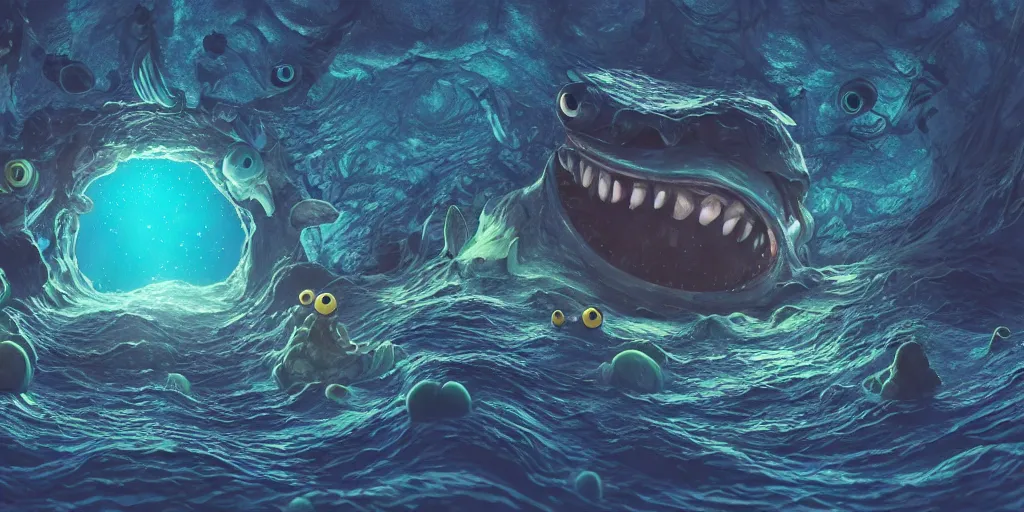 Image similar to of an intricate deep sea with strange cute friendly happy creatures with huge eyes, mouth, long tongue, round teeth and goofy face, appearing from the background, in the style of gehry and gaudi, macro lens, shallow depth of field, ultra detailed, digital painting, trending artstation, concept art, illustration, cinematic lighting, photorealism, epic, octane render