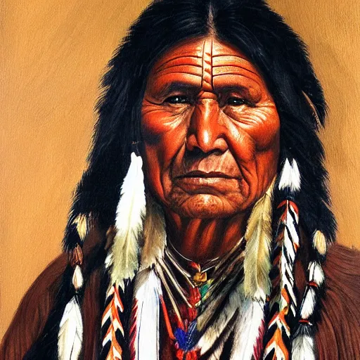 Prompt: a painting of a native american chief, in traditional dress, by atrgerm