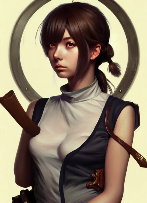 Image similar to portrait of a full body of beautiful young female detective, d & d, sleeveless turtleneck, fantasy, flat lighting, intricate, highly detailed, digital painting, artstation, concept art, smooth, sharp focus, illustration, misa amane, art by simon bisley and greg rutkowski and alphonse mucha, natural tpose