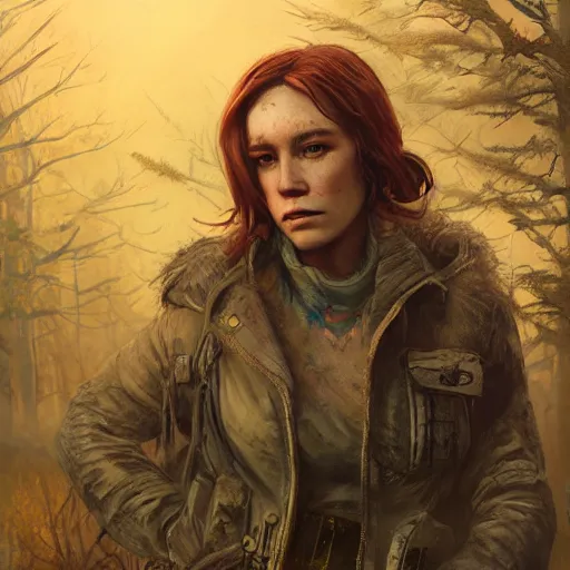 Image similar to fallout 5, charismatic beautiful rugged female scavenger, portrait, outdoors forest campsite, atmospheric lighting, painted, intricate, volumetric lighting, beautiful, daytime, springtime, slight overcast, sharp focus, deep colours, ultra detailed, by leesha hannigan, ross tran, thierry doizon, kai carpenter, ignacio fernandez rios