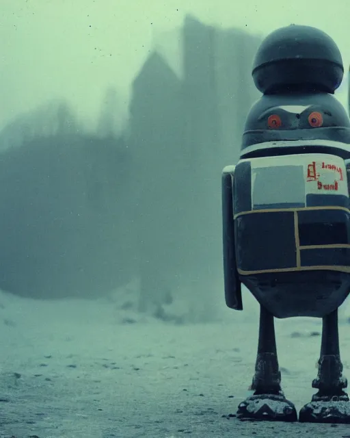 Image similar to giant oversized chubby bulky armored train penguin robot mech, with big penguin head , rocket launcher , on a village , Cinematic focus, fujicolor photo, vintage, neutral colors, soft lights, foggy, panorama by by Serov Valentin, by lisa yuskavage, by Andrei Tarkovsky