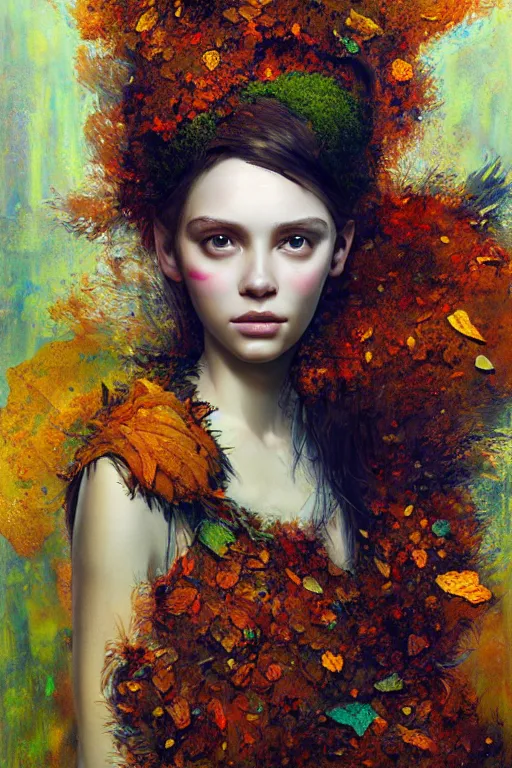 Prompt: wide portrait of beautiful girl by irakli nadar with intricate detailed color smashing fluid oil paint and acrylic, moss and dried autumn leaves headdress, melting wax, mycelia, abstract impressionism, ruan jia, fantasy, hyper detailed, concept art, by gustav klimt