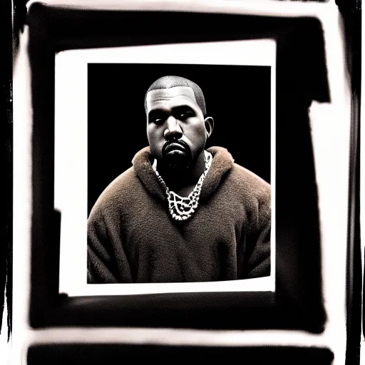 Image similar to a ( chiaroscuro lighting portrait ) of kanye west dressed as teddy bear mascot, black background, portrait by julia margaret cameron, shallow depth of field, 8 0 mm, f 1. 8