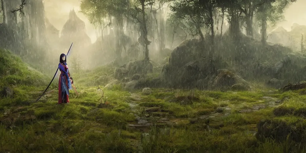 Prompt: An epic fantasy comic book style landscape painting of a young beautiful chinese girl holding a katana in a field of raining forest surrounded by bambok, unreal 5, DAZ, hyperrealistic, octane render, cosplay, dynamic lighting