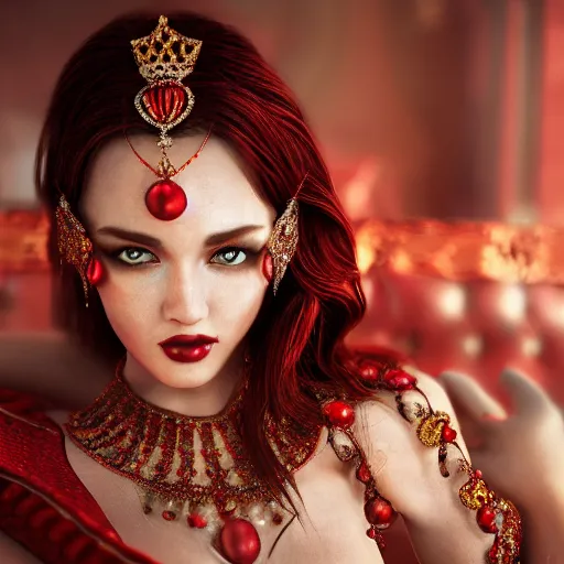 Image similar to wonderful princess with smooth fair skin, alluring eyes, red jewelry, breathtaking, elegant, intricate, hyper detailed, accent lighting, 4 k glamour photography, octane render