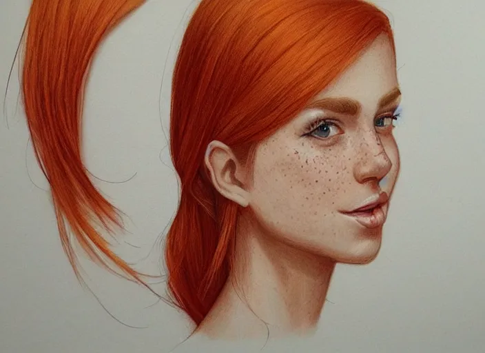 Image similar to portrait Girl with orange hair and freckles, cute-fine-face, pretty face, realistic shaded Perfect face, fine details. realistic shaded lighting by Loish