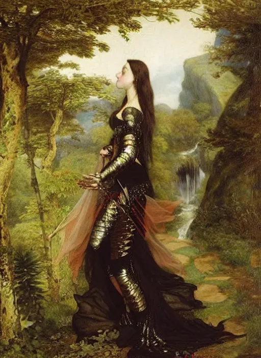 Image similar to woman in dark princess dragon armor, walking on the mystical garden, portrait. by william henry hunt