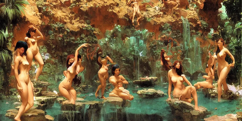 Prompt: a tropical cave that renovate as a luxury interior as a harem of beautiful women bathe in the waters and surround our protagonist by syd mead, frank frazetta, ken kelly, simon bisley, richard corben, william - adolphe bouguereau, detailed concept art