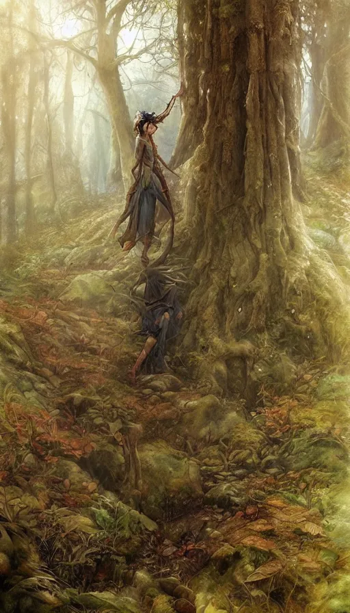 Image similar to Realistic painting of a high fantasy wood elf wizard in a magical forest clearing by Jean Baptiste Monge, Brian Froud, John Howe, Artgerm, Craig Mullins, trending on artstation volumetric lighting, dramatic lighting