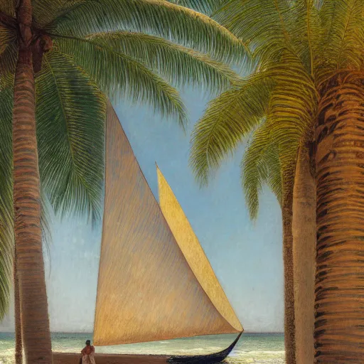 Prompt: a ultradetailed beautiful painting of a sail boat in the amazonas palace balustrade designed by jules bastien - lepage, tarsila do amaral, frank weston and gustave baumann, beach, trending on artstation, mediterranean, palm trees, sharp focus, soft light, 8 k 4 k