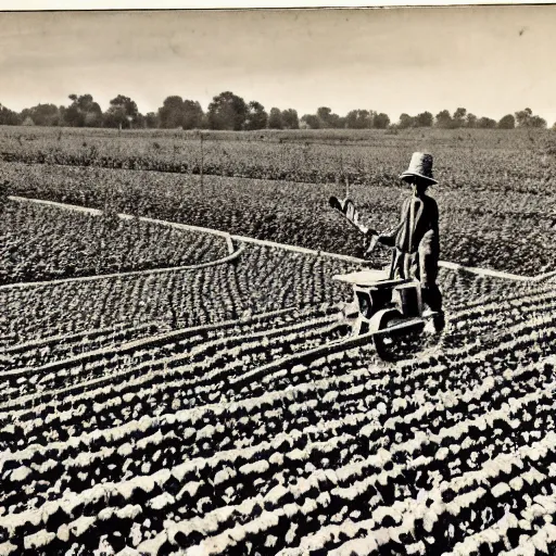 Image similar to robots working in the cotton field , 1824 , old photograph , 4k , HD