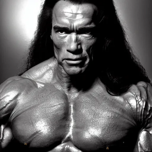 Prompt: a beautiful medium shot of arnold schwarzenegger as conan the barbarian looking off into the distance, long black hair, soft natural light backlit, by annie leibowitz