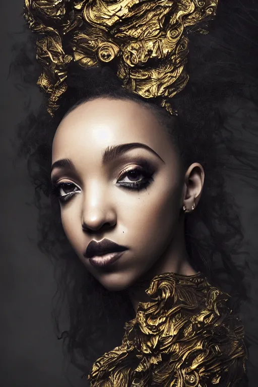 Image similar to a photorealistic portrait of tinashe as mysterious dark goddess of death, realism, clouds, swirling fabric, elaborate ornate growth, gilded relief, trending on artstation, by alessio albi