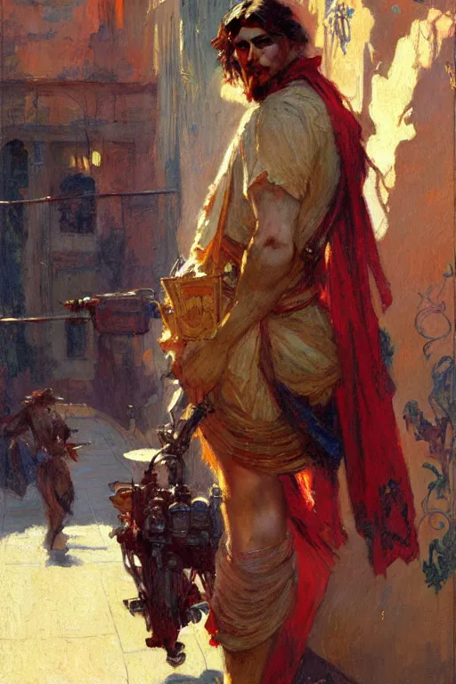 Image similar to attractive man, rome, cool colors, painting by gaston bussiere, craig mullins, greg rutkowski, alphonse mucha