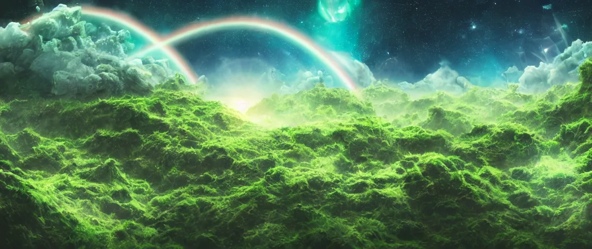 Prompt: a lush green crumbling island floating in space, debris, center of image, planets, stars, rainbows, nebula, asteroids, studio ghibli style, detailed, depth of field