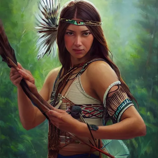 Prompt: a woman dressed in native american clothing holding a bow and arrow, a fine art painting by john clayton, ambient lighting, detailed face, by makoto shinkai, stanley artgerm lau, wlop, rossdraws