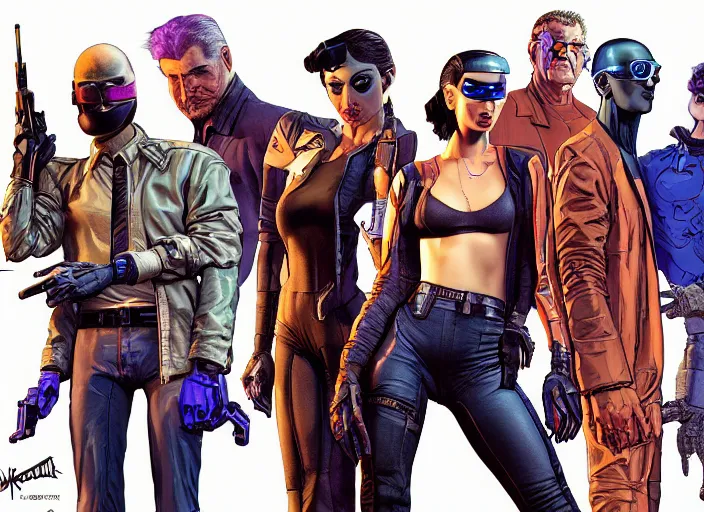 Image similar to cyberpunk heist crew. portrait by stonehouse and mœbius and will eisner and gil elvgren and pixar. character design. realistic proportions. dystopian. cyberpunk 2 0 7 7, apex, blade runner 2 0 4 9 concept art. cel shading. attractive face. thick lines. hi def 4 k. the team. detailed characters.