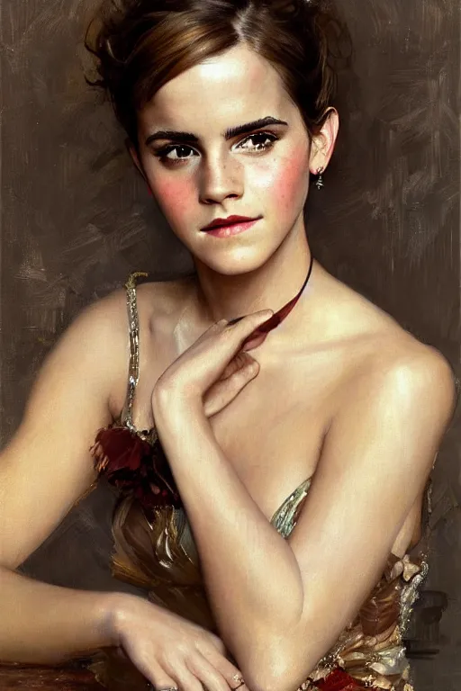 Image similar to emma watson detailed portrait painting by gaston bussiere craig mullins j. c. leyendecker richard avedon