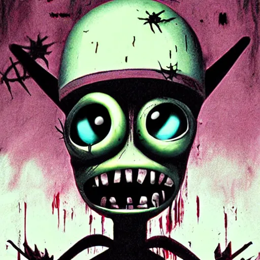 Image similar to invader zim, horror movie poster, hyperrealism