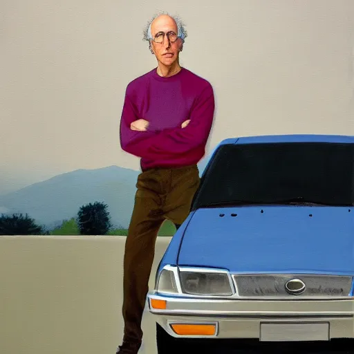 Prompt: larry david standing on roof of prius, painting