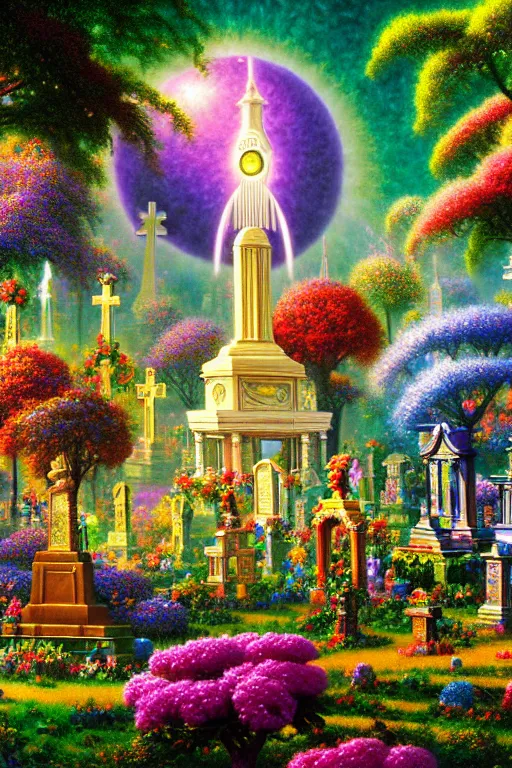 Prompt: a photorealistic detailed cinematic image of a beautiful vibrant iridescent future for human evolution, spiritual science, divinity, utopian, gazebo overgrown with flowers surrounded by an ornate cemetery, by david a. hardy, kinkade, lisa frank, wpa, public works mural, socialist