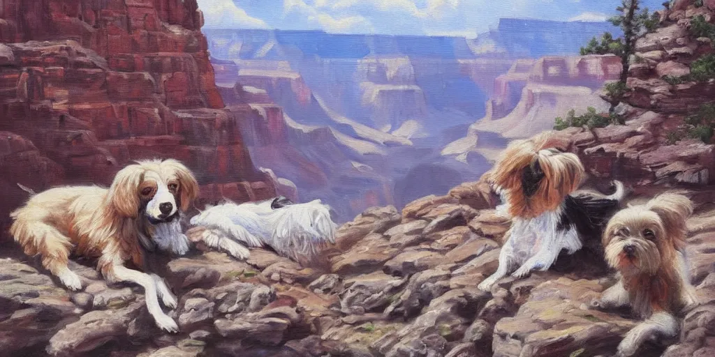 Prompt: two dogs in the grand canyon, stream, oil painting, highly detailed, masterpiece