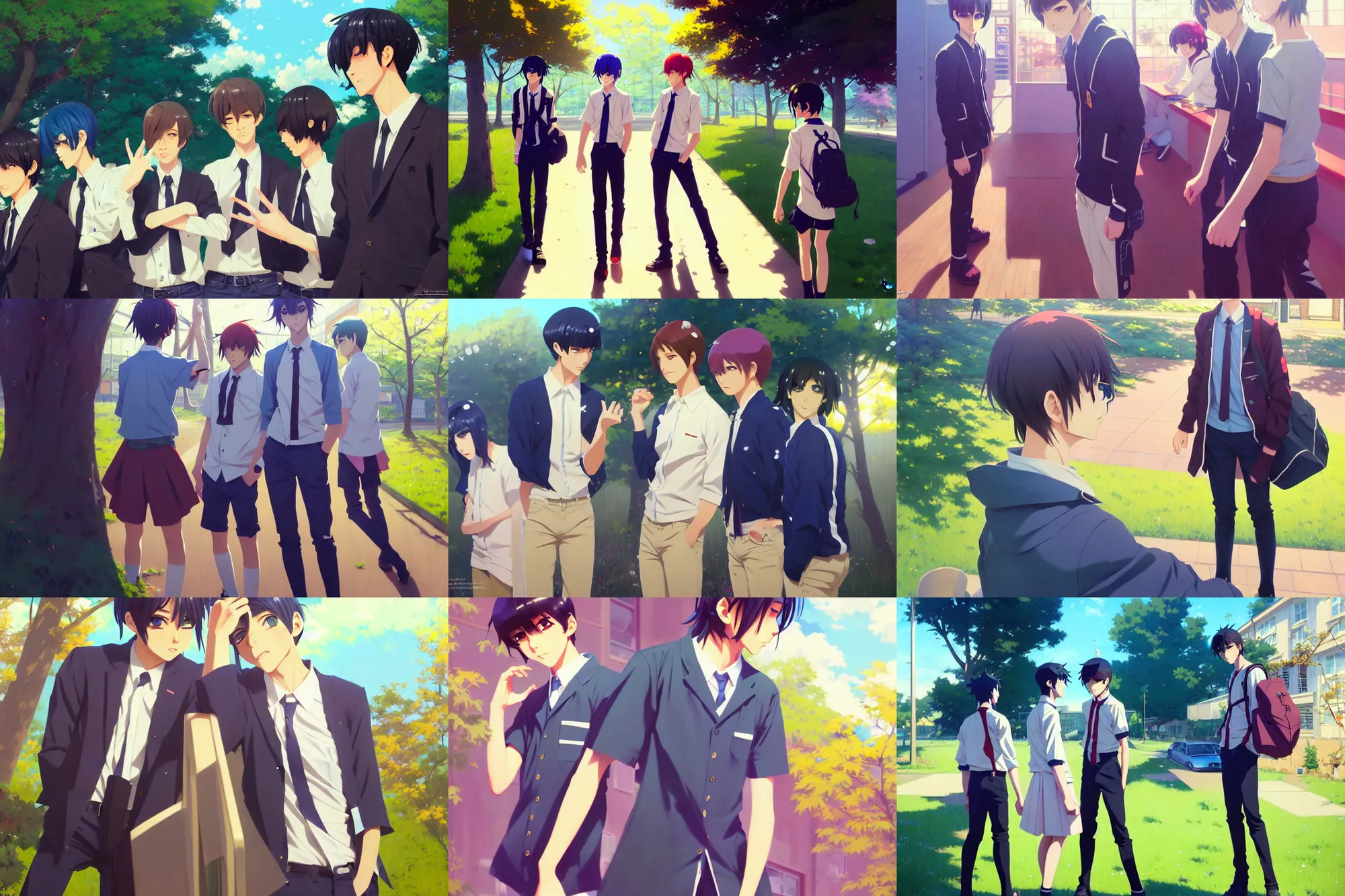 Prompt: boy's love anime high school scene spring noon setting, expert high detail concept art, perfect proportions fine face, tall handsome guys, avant uniform, vivid colors, realistic shaded lighting poster fantasy art ilya kuvshinov, katsuhiro, jeremy lipkin and michael germash, makoto shinkai, loish and clamp style, trending on art station, best selling artist