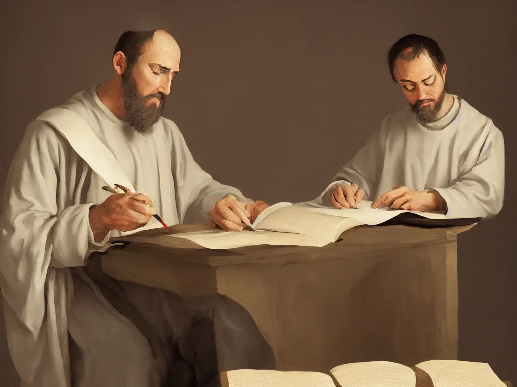 Image similar to saint augustine, furiously scribbling his confessions onto a stack of parchment with a quill, by goro fujita, trending on artstation, 8k, highly detailed, digital graphic art