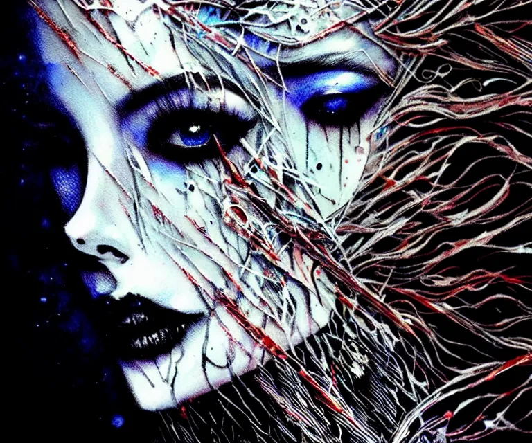 Image similar to stunning otherworldly gothic goddess of ice fire, dark and mysterious, atmospheric, ominous, eerie, cinematic, epic, 8 k, 4 k, ultra detail, ultra realistic, rendered by awesomeness. nights falling wind is blowwing snow is pilling concept art in style of carne griffiths artwork by xsullo el anatsui