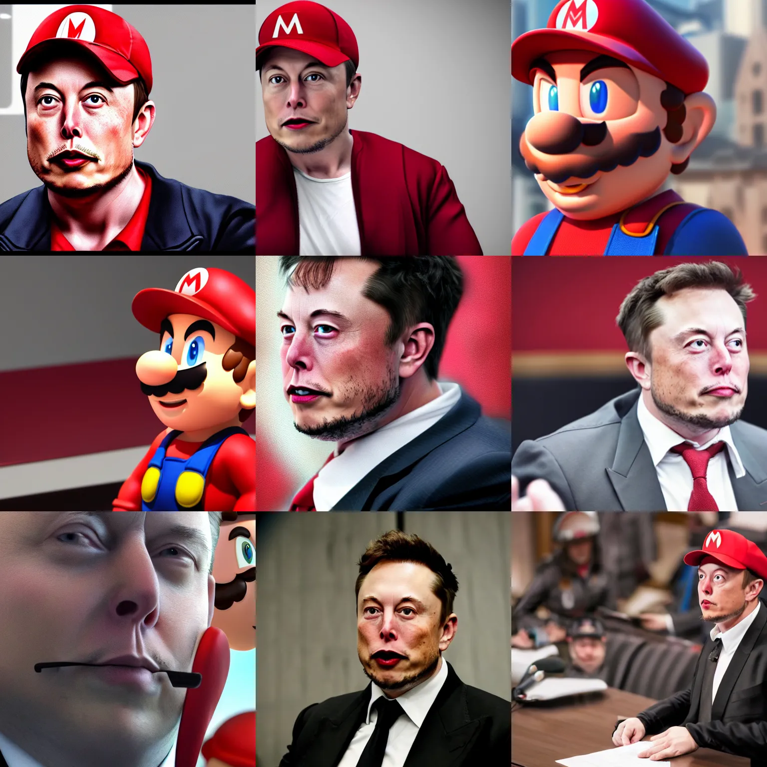 Prompt: a closeup photorealistic photograph of elon musk dressed as mario from mario brothers courtroom cross examination. professional capture, well lit shot. this 4 k hd image is trending on artstation, featured on behance, well - rendered, extra crisp, features intricate detail, epic composition and the style of unreal engine.