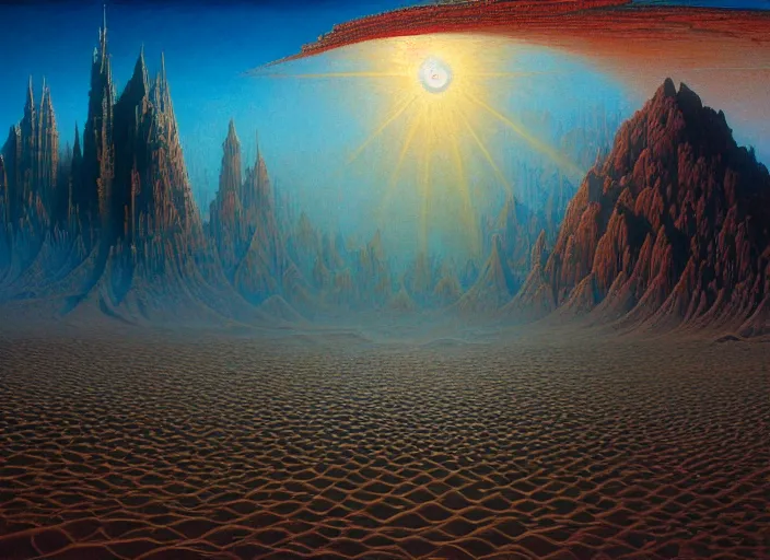 Prompt: realistic detailed image of a huge sand desert. a !!thin stream of sand!!! falls from the sky in to eternity of outer space. by Ayami Kojima, Amano, Karol Bak, Greg Hildebrandt, and Mark Brooks, Neo-Gothic, gothic, rich deep colors. Beksinski painting, part by Adrian Ghenie and Gerhard Richter. art by Takato Yamamoto. masterpiece