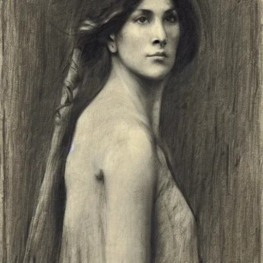 Image similar to portrait of a action heroine, by alfred stevens in charcoal