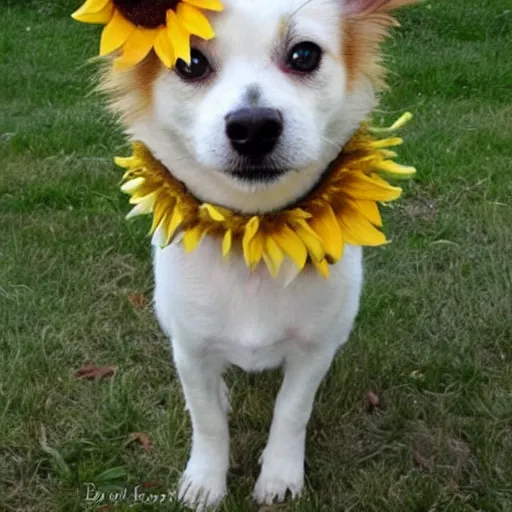 Prompt: little dog made out of sunflowers