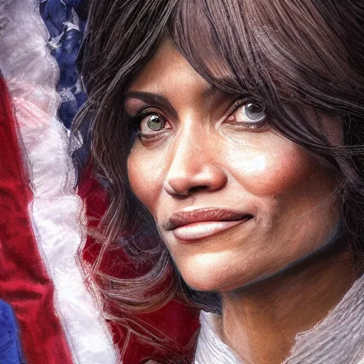 Image similar to portrait of maci holloway, first woman elected as president in usa, cold but beautiful, about 3 5 years old, highly detailed, mix of halle berry and julia roberts, gong li, olga kurylenko, artstation hd, deviantart, by artgem, greg rutkowski