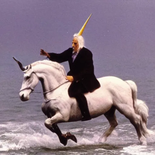 Prompt: christopher lee throwing a beautiful unicorn into the sea