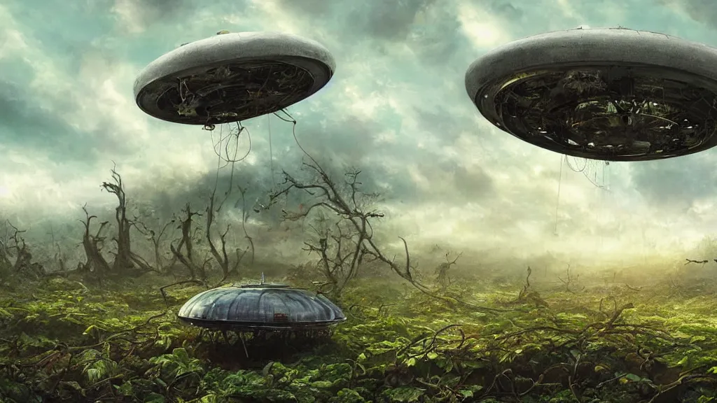 Prompt: a surreal dreamlike scene of a derelict ufo resting atop an abandoned vine-covered greenhouse, extravagant matte painting, highly detailed oil painting, 8k, devastatingly beautiful atmosphere, elegant cinematic fantasy art, overwhelming depth and detail, magic, soft colors, intricate masterpiece