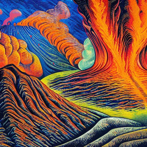 Prompt: vulcano, lava, trees on fire, surreal by dan mumford and umberto boccioni, oil on canvas