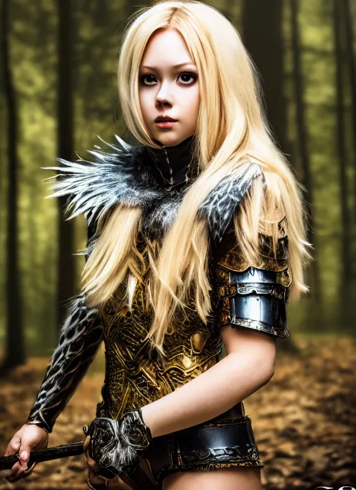 Image similar to photo of a cute blonde girl in a dark forest wearing animal skin armor, realistic, sharp focus, 8 k high definition, insanely detailed, intricate, elegant, artgerm, greg kutkowski, high contrast dramatic lighting